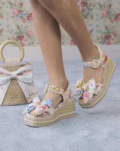 Girls Multi Colour Broderie Bow Wedge Sandals