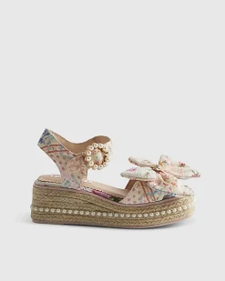 Girls Multi Colour Broderie Bow Wedge Sandals