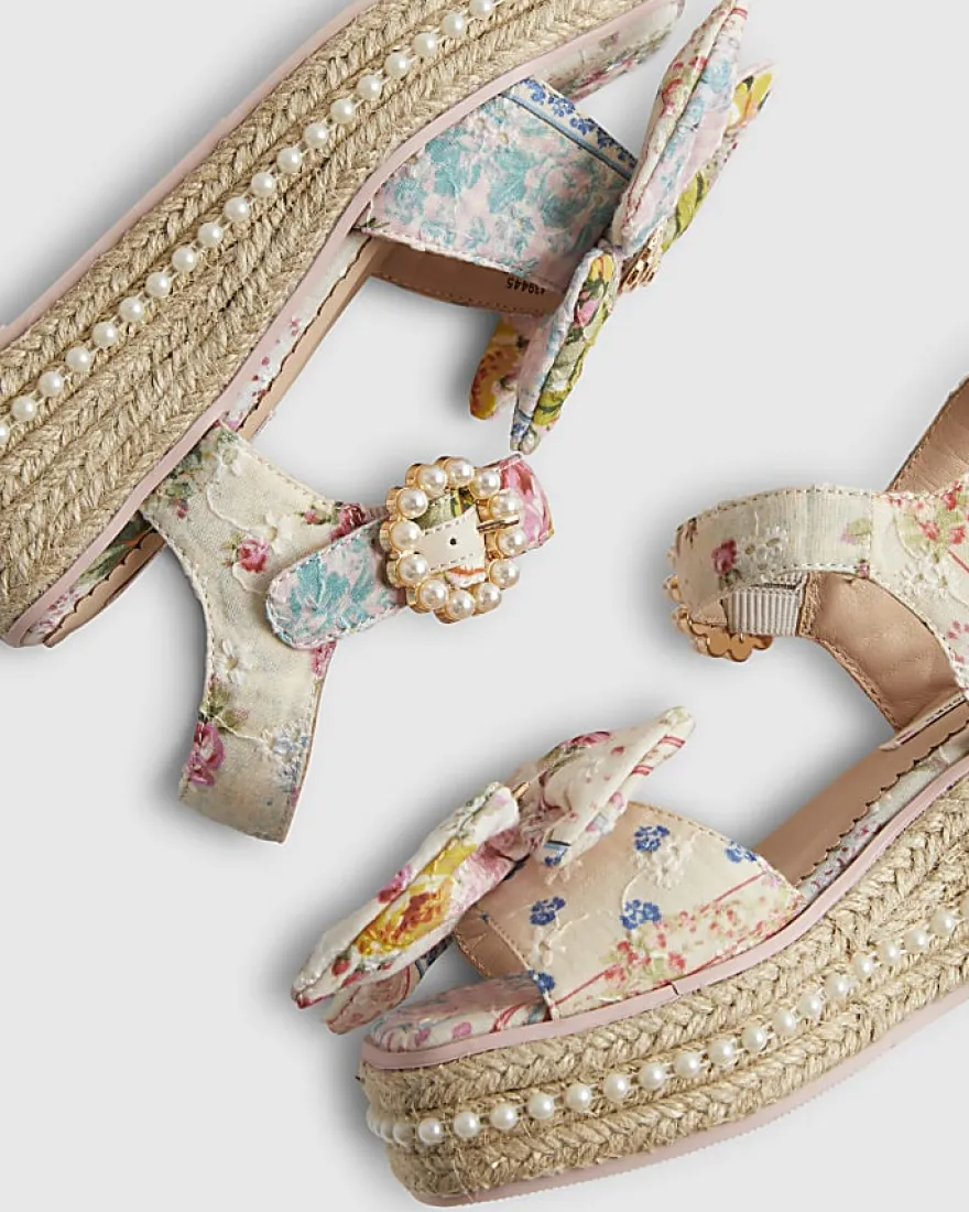 Girls Multi Colour Broderie Bow Wedge Sandals