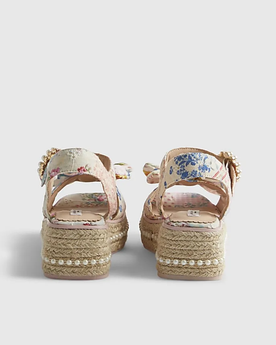 Girls Multi Colour Broderie Bow Wedge Sandals