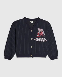 Girls Navy Stripe Badge Cardigan