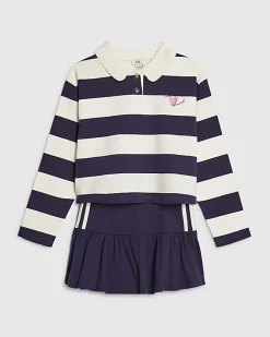 Girls Navy Stripe Polo Shirt And Skort Set