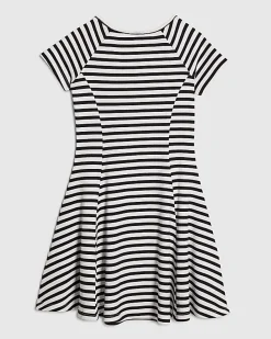 Girls Navy Stripe Ruched Ribbed Dress