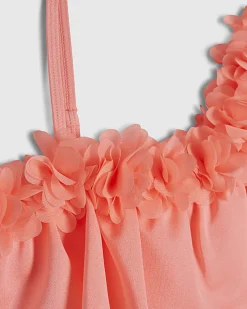 Girls Orange Asymmetric 3D Flower Swimsuit
