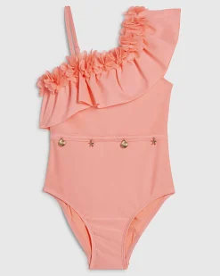 Girls Orange Asymmetric 3D Flower Swimsuit