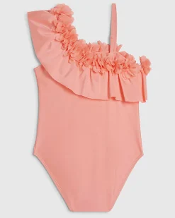 Girls Orange Asymmetric 3D Flower Swimsuit