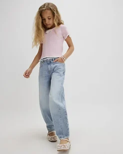 Girls Pink Bow Ruffle Trim Knitted T-Shirt