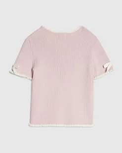 Girls Pink Bow Ruffle Trim Knitted T-Shirt