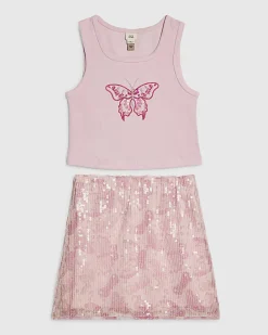 Girls Pink Butterfly Sequin Skirt Set