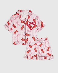 Girls Pink Cherry Print Satin Pyjamas Set