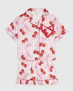 Girls Pink Cherry Print Satin Pyjamas Set