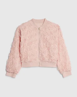 Girls Pink 3D Floral Bomber Jacket