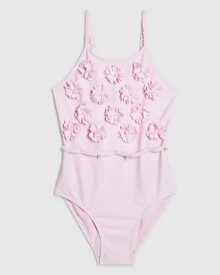 Girls Pink 3D Floral Swimsuit