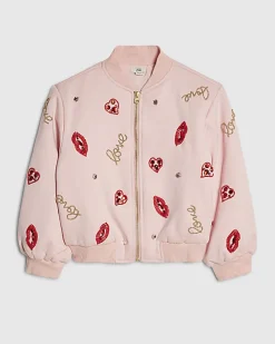 Girls Pink Embellished Lips Bomber Jacket