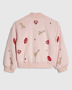 Girls Pink Embellished Lips Bomber Jacket