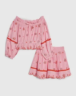 Girls Pink Embroidered Mirror Skirt Set