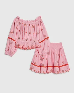 Girls Pink Embroidered Mirror Skirt Set