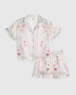 Girls Pink Floral Border Satin Pyjamas Set