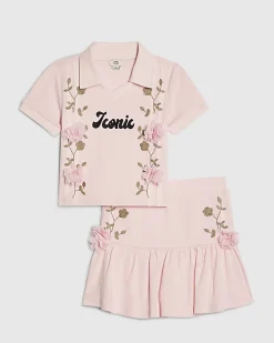 Girls Pink Floral Polo Skirt Set