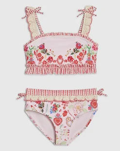 Girls Pink Floral Print Bikini Set