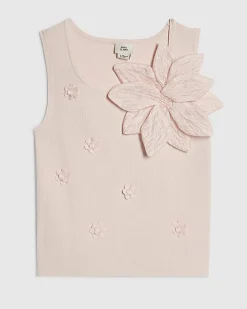 Girls Pink Flower Trim Knitted Top