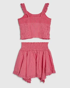 Girls Pink Gingham Stripe Skirt Set