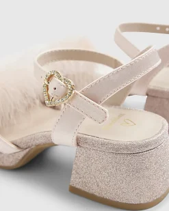 Girls Pink Glitter Fluffy Heeled Sandals