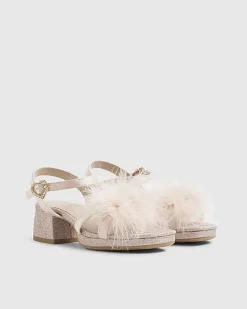 Girls Pink Glitter Fluffy Heeled Sandals