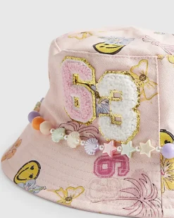 Girls Pink Graffiti Beaded Bucket Hat