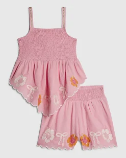 Girls Pink Hanky Hem Embellished Top Set