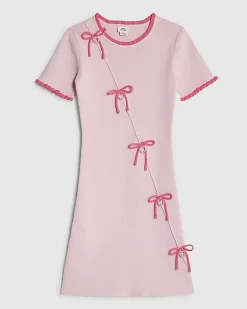 Girls Pink Heart Charm Bow Knit Dress