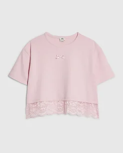 Girls Pink Lace Trim T-Shirt