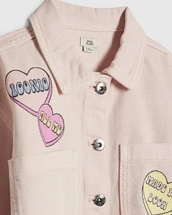 Girls Pink Love Heart Denim Jacket