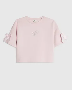 Girls Pink Premium Embellished Bow Crop Top