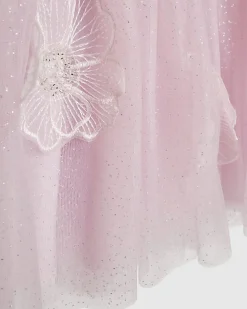 Girls Pink Puff Sleeve Floral Tulle Dress