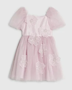 Girls Pink Puff Sleeve Floral Tulle Dress