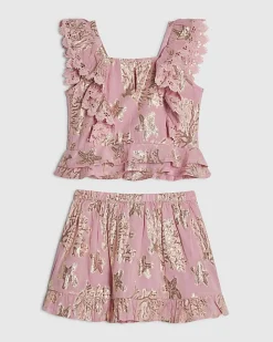 Girls Pink Sea Life Print Top And Skirt Set