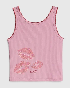 Girls Pink Sequin Lips Tank Top