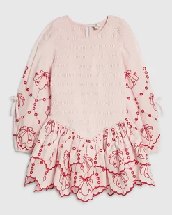 Girls Pink Shirred Long Sleeve Dress