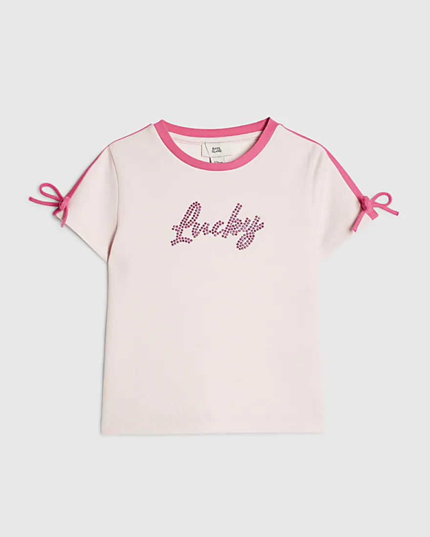 Girls Pink Side Stipe Bow Lucky T-Shirt