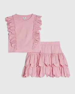 Girls Pink Sleeveless Top And Shell Skirt Set