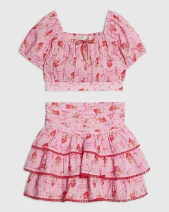 Girls Pink Strawberry Bow Skirt Set