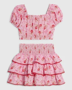 Girls Pink Strawberry Bow Skirt Set