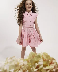 Girls Pink Stripe Belted Dress
