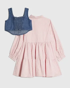 Girls Pink Stripe Hybrid Shirt Dress