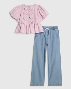 Girls Pink Stripe Top And Jeans Set