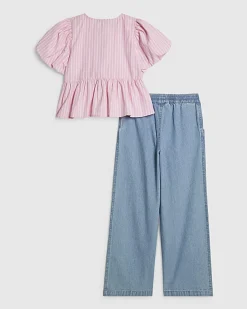 Girls Pink Stripe Top And Jeans Set
