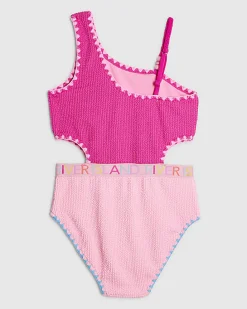 Girls Pink Textured Asymmetric Swimsuit
