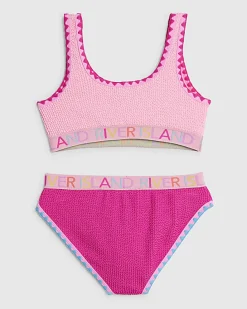 Girls Pink Textured Elastic Bikini Set