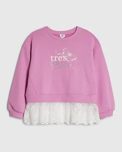 Girls Pink Tres Chic Lace Hem Sweatshirt